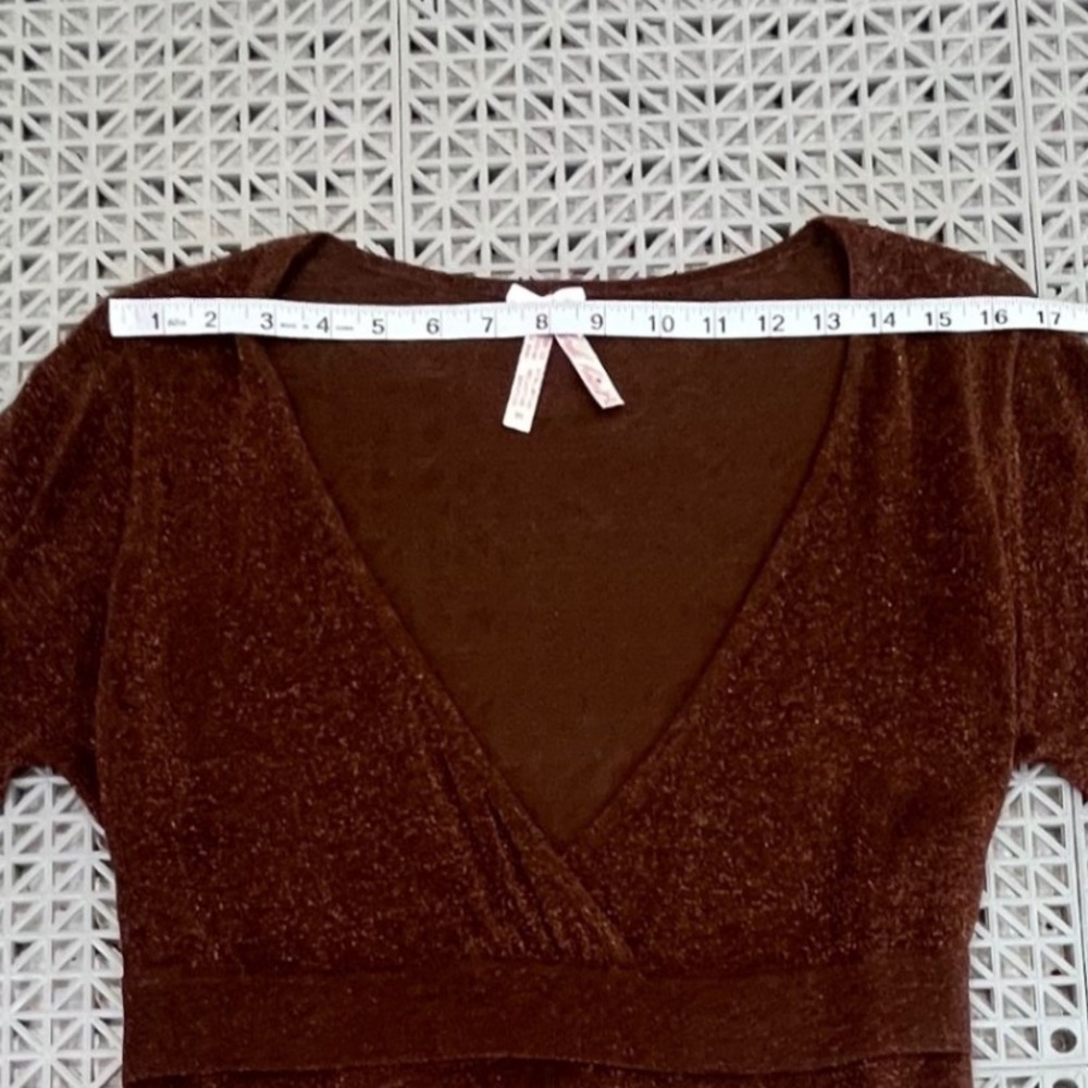 Y2K Derek Heart Plus Wrap Top Womens 1X Brown Metallic Empire Waist Bubble Slv - Picture 6 of 10